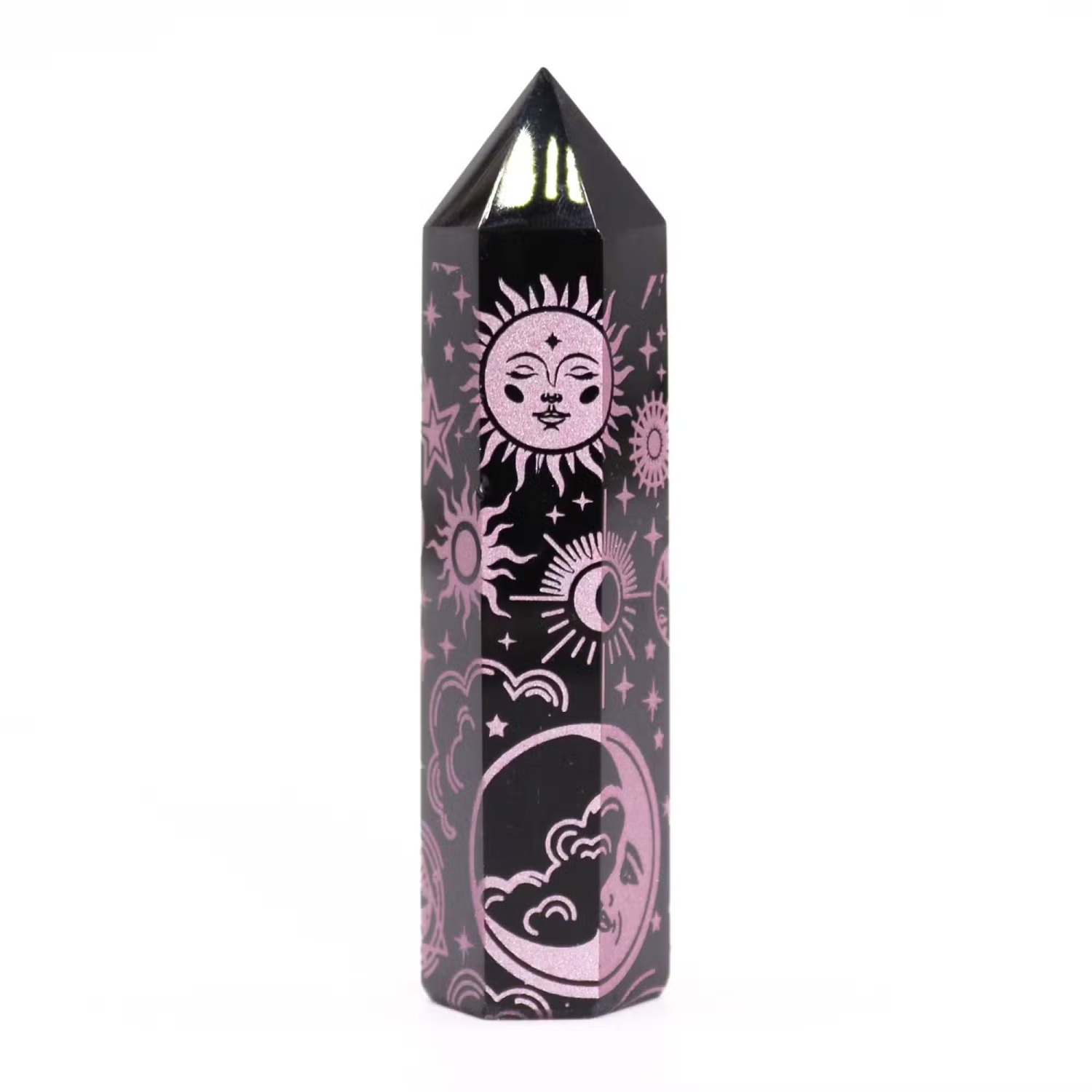 Mystic Story Black Obsidian Point – Rose Pink Celestial Design