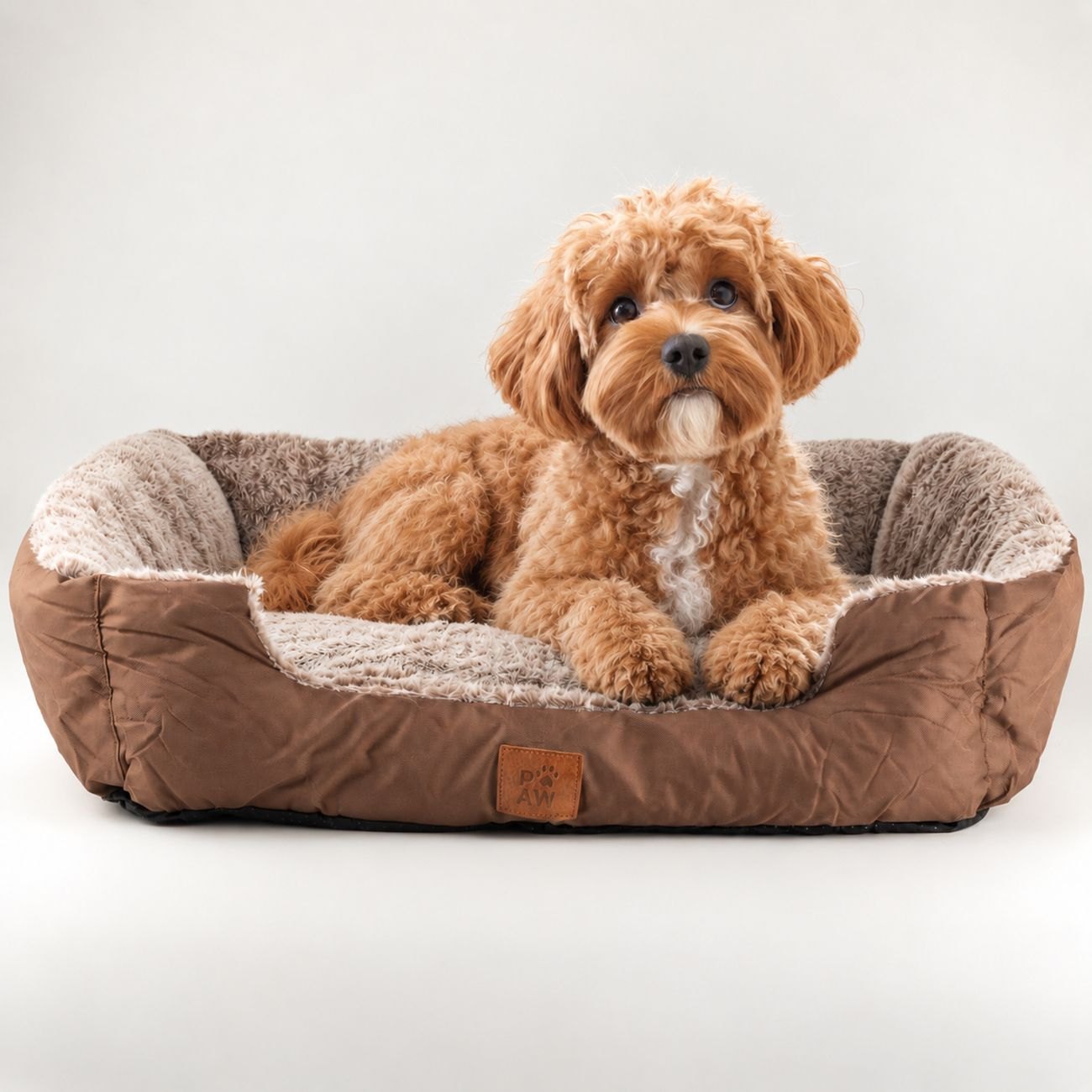 PAW Small Plush Teddy Brown Pet Bed – 60 x 45 x 17cm