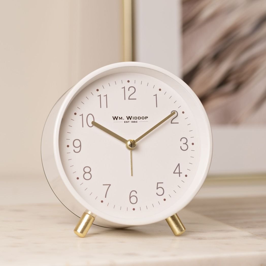 Hometime White Round Alarm Clock with Gold Feet, Light & Snooze1