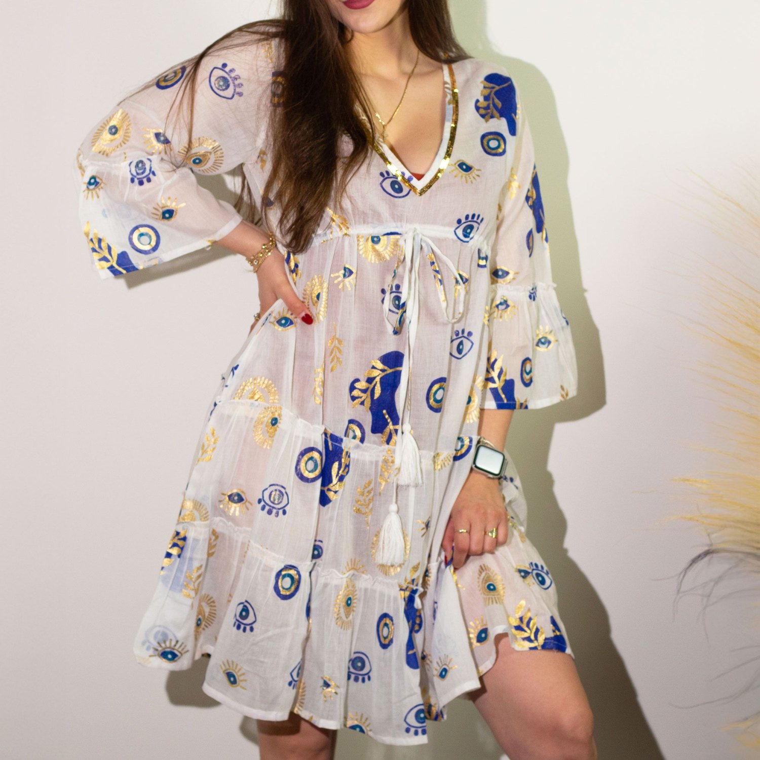 Nomad Sari Evil Eye Cotton Dress – White, Blue & Gold – Size M/L1