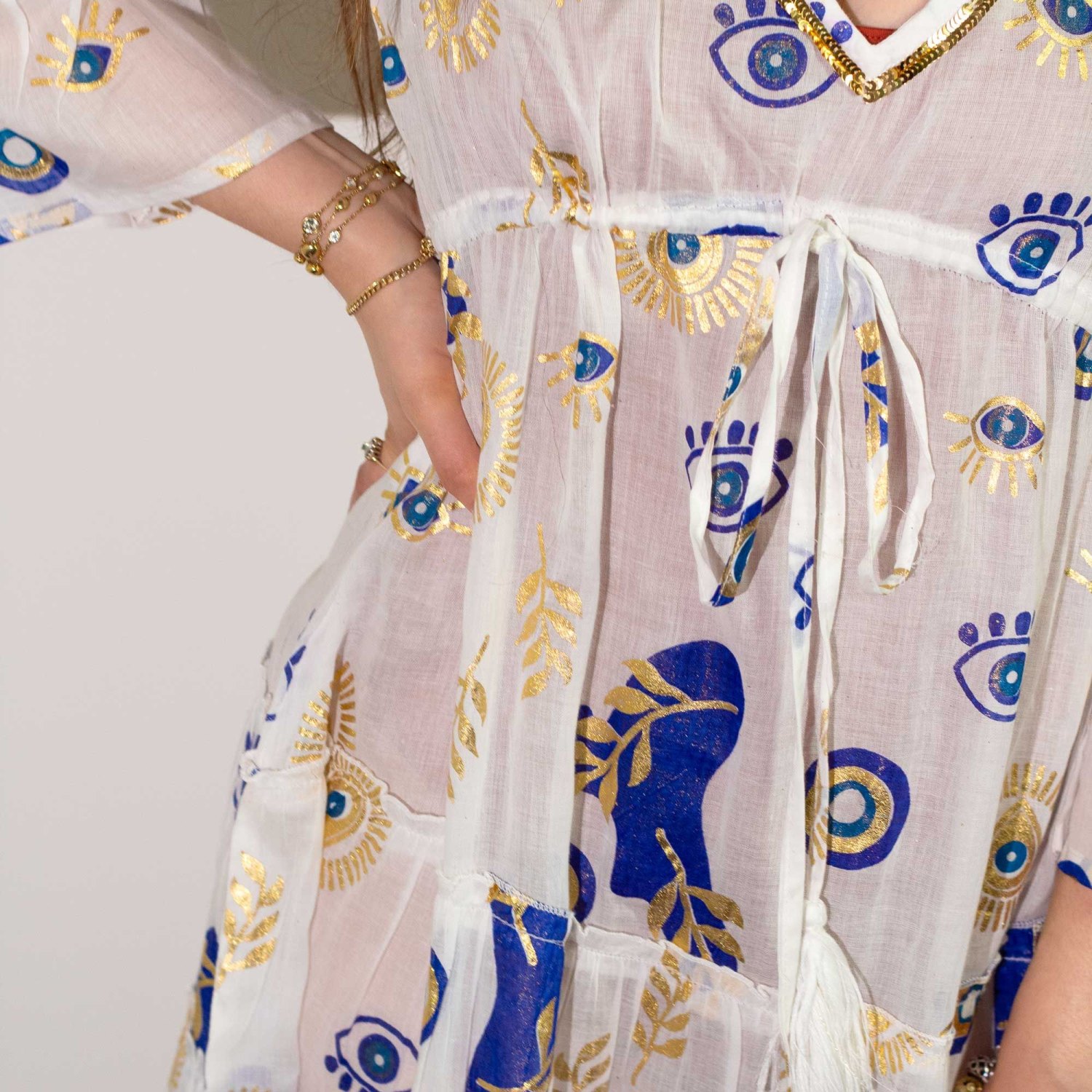Nomad Sari Evil Eye Cotton Dress – White, Blue & Gold – Size M/L2