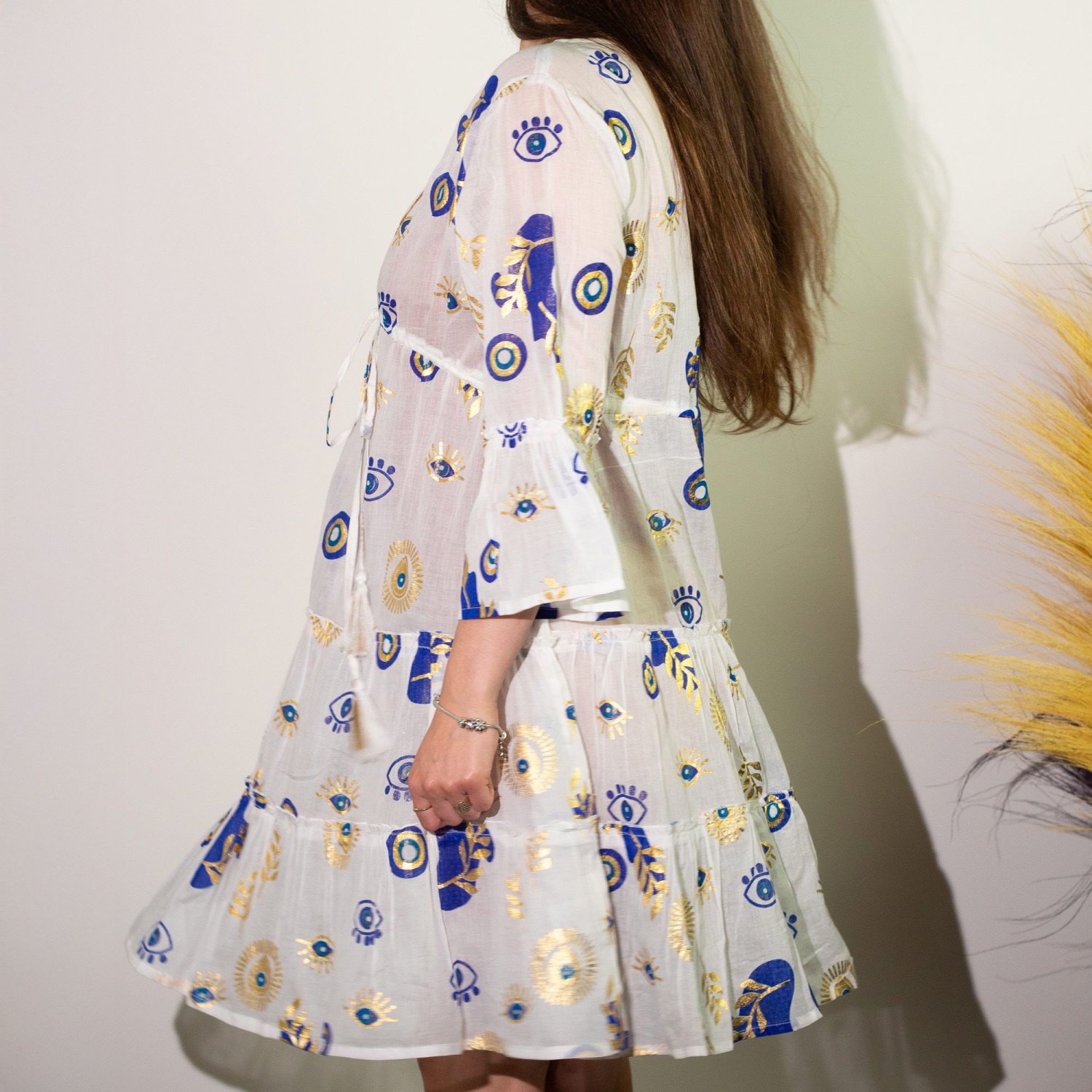 Nomad Sari Evil Eye Cotton Dress – White, Blue & Gold – Size M/L4