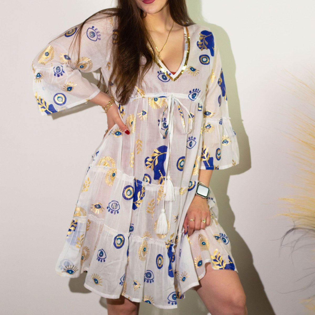 Nomad Sari Evil Eye Cotton Dress – White, Blue & Gold – Size L/XL1