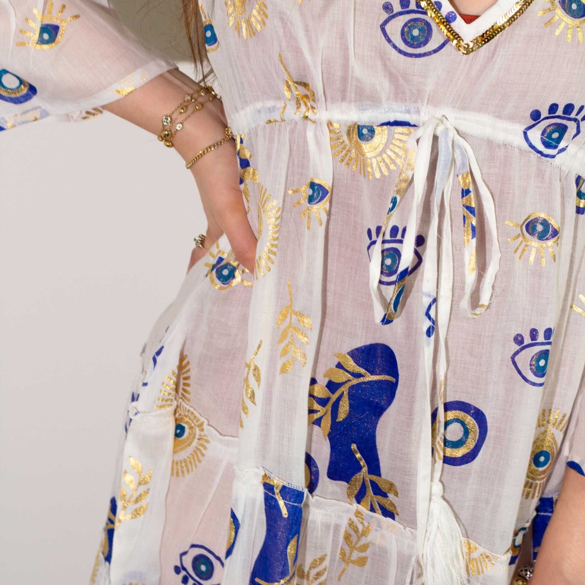Nomad Sari Evil Eye Cotton Dress – White, Blue & Gold – Size L/XL2