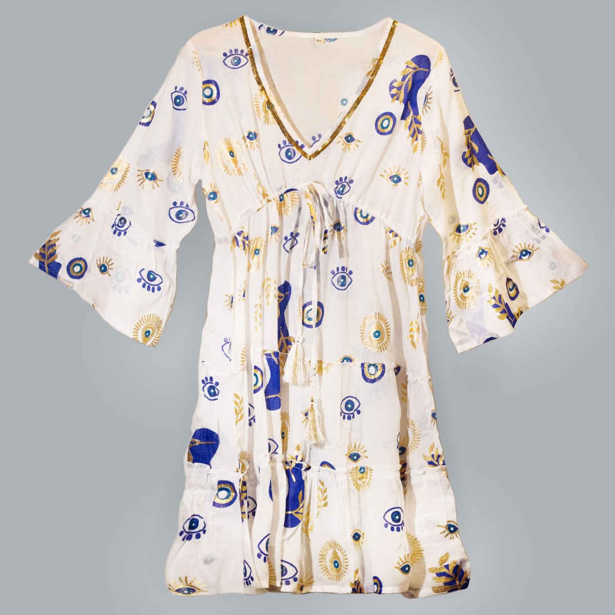 Nomad Sari Evil Eye Cotton Dress – White, Blue & Gold – Size L/XL4