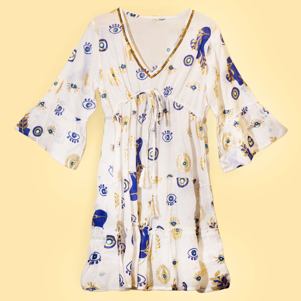 Nomad Sari Evil Eye Cotton Dress – White, Blue & Gold – Size L/XL5