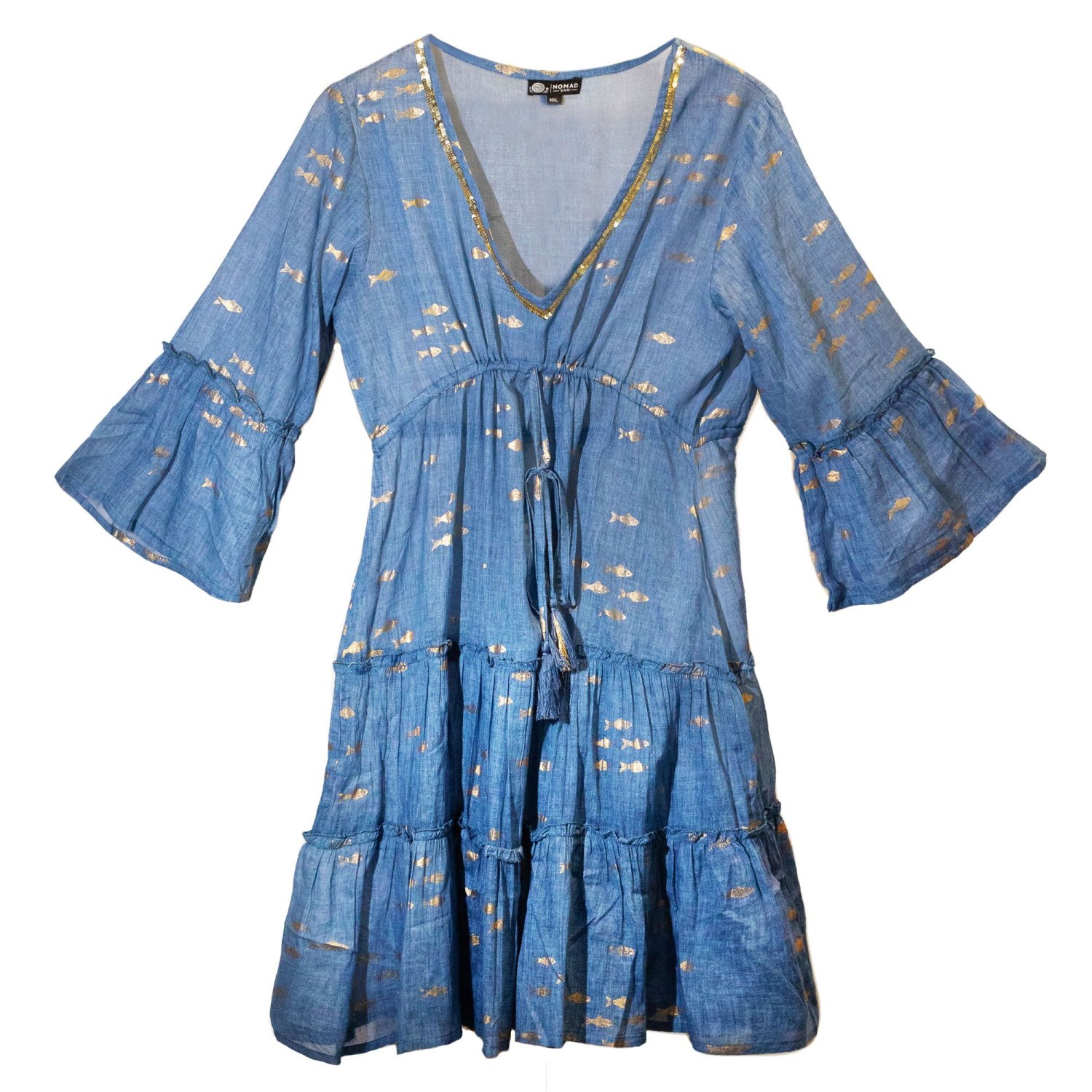 Nomad Sari Sea Blue & Gold Fish Print Cotton Dress – Size M/L