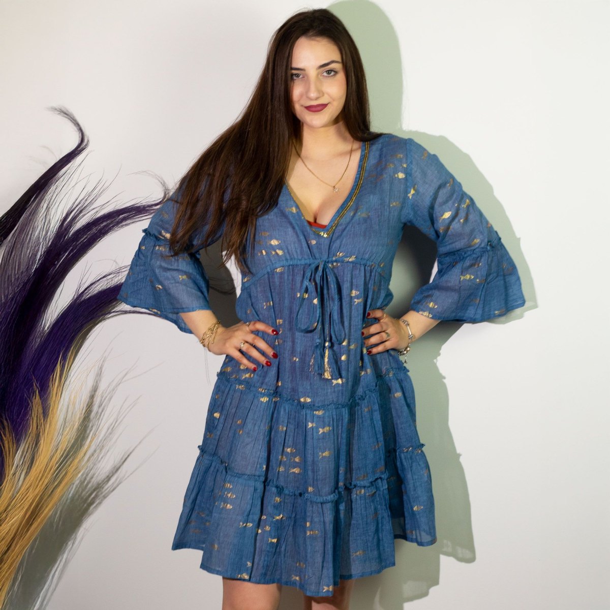 Nomad Sari Sea Blue & Gold Fish Print Cotton Dress – Size L/XL1