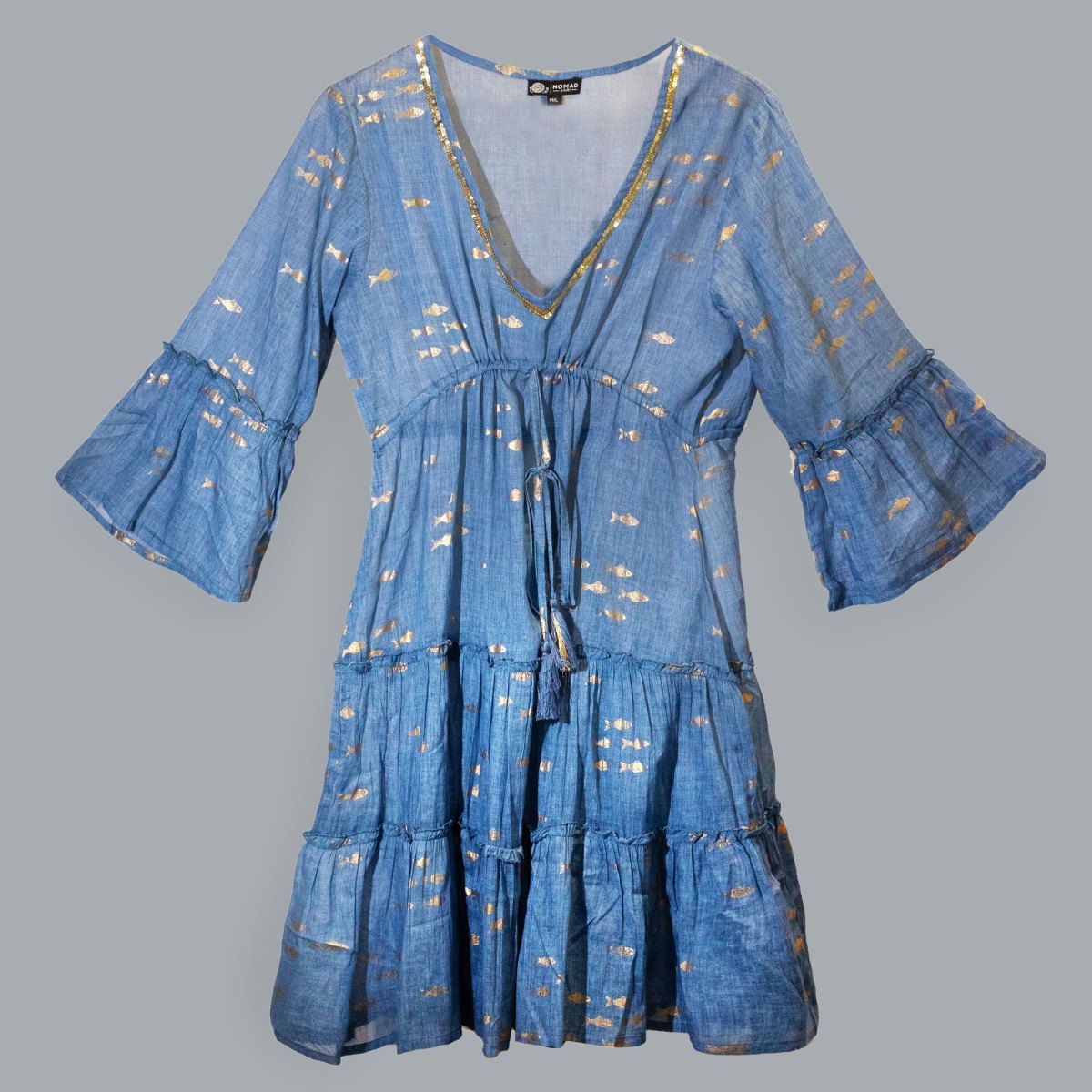 Nomad Sari Sea Blue & Gold Fish Print Cotton Dress – Size L/XL3