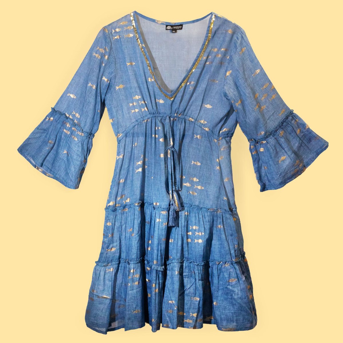 Nomad Sari Sea Blue & Gold Fish Print Cotton Dress – Size L/XL4