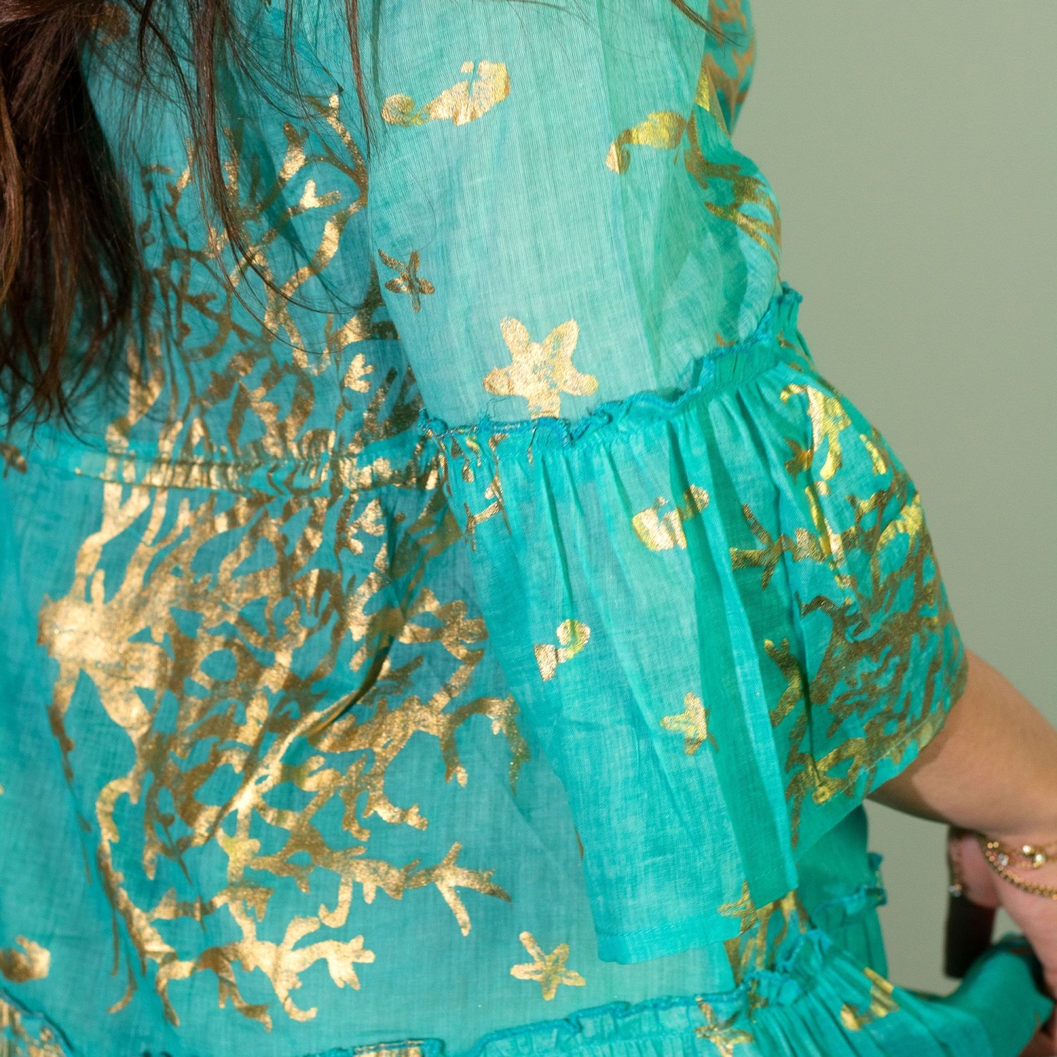 Nomad Sari Turquoise & Gold Coral Print Cotton Dress – Size M/L2