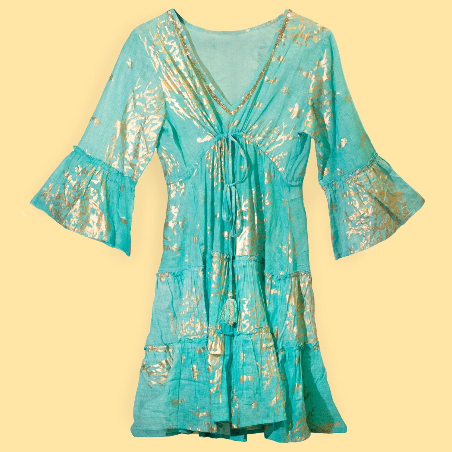 Nomad Sari Turquoise & Gold Coral Print Cotton Dress – Size M/L4