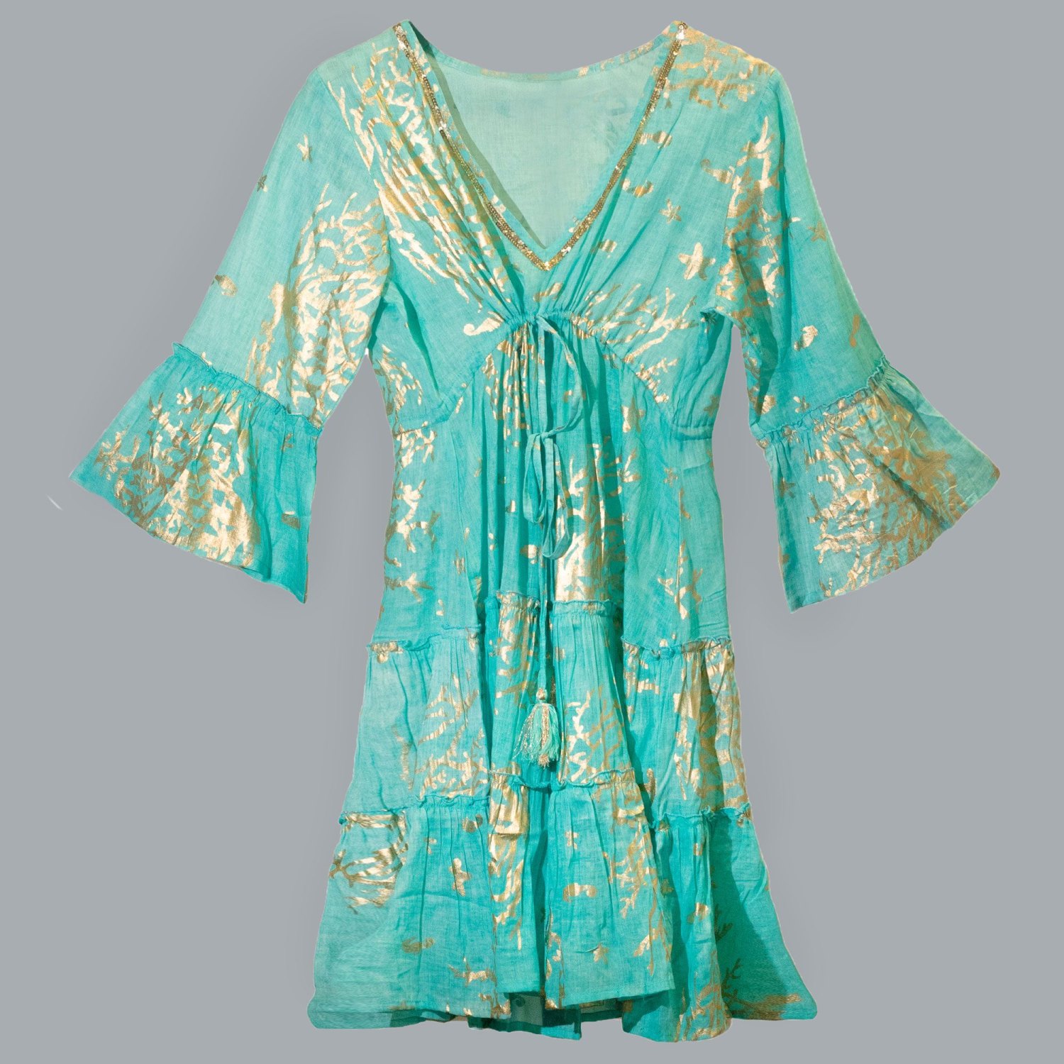Nomad Sari Turquoise & Gold Coral Print Cotton Dress – Size M/L5