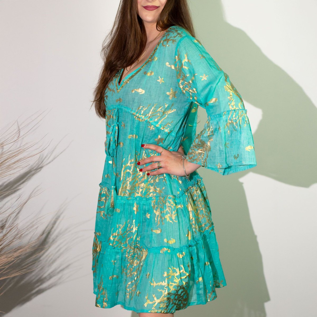 Nomad Sari Turquoise & Gold Coral Print Cotton Dress – Size L/XL3