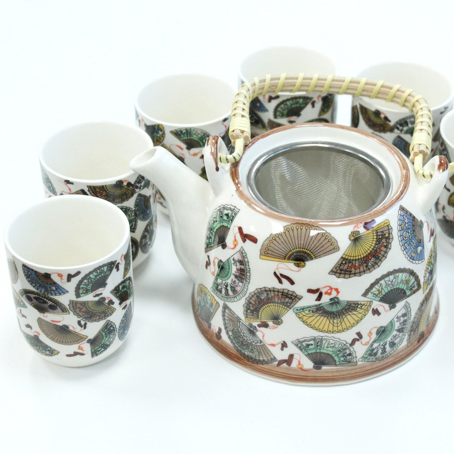 China Fans Ceramic Herbal Teapot Set with Infuser & 6 Cups