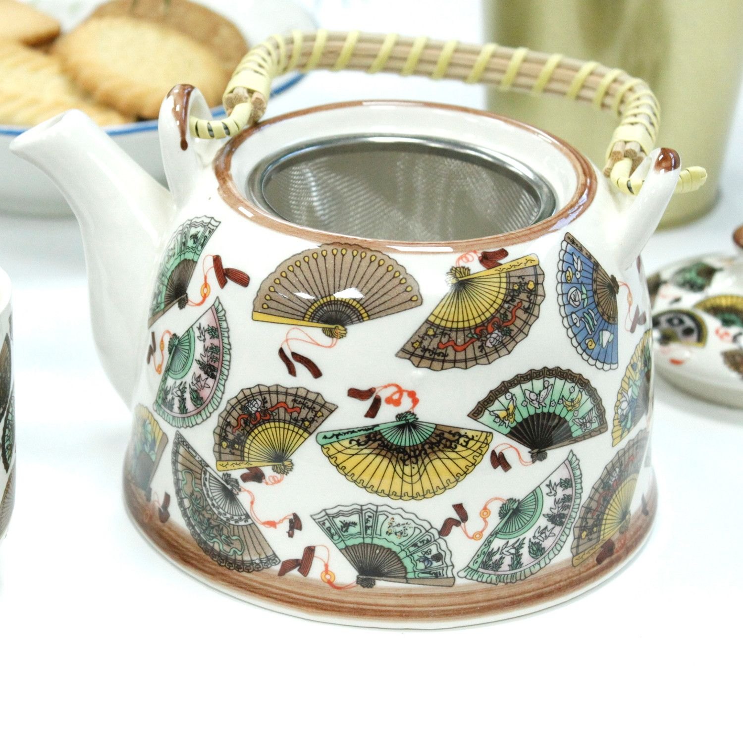 China Fans Ceramic Herbal Teapot Set with Infuser & 6 Cups3