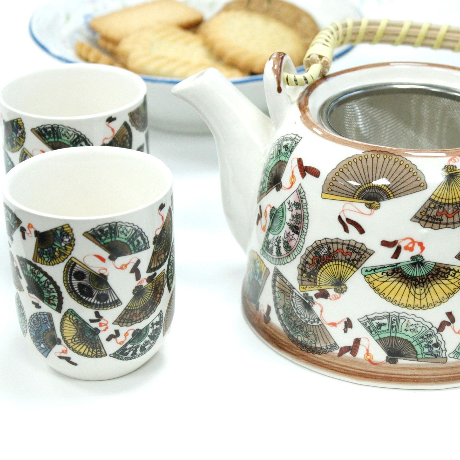China Fans Ceramic Herbal Teapot Set with Infuser & 6 Cups4