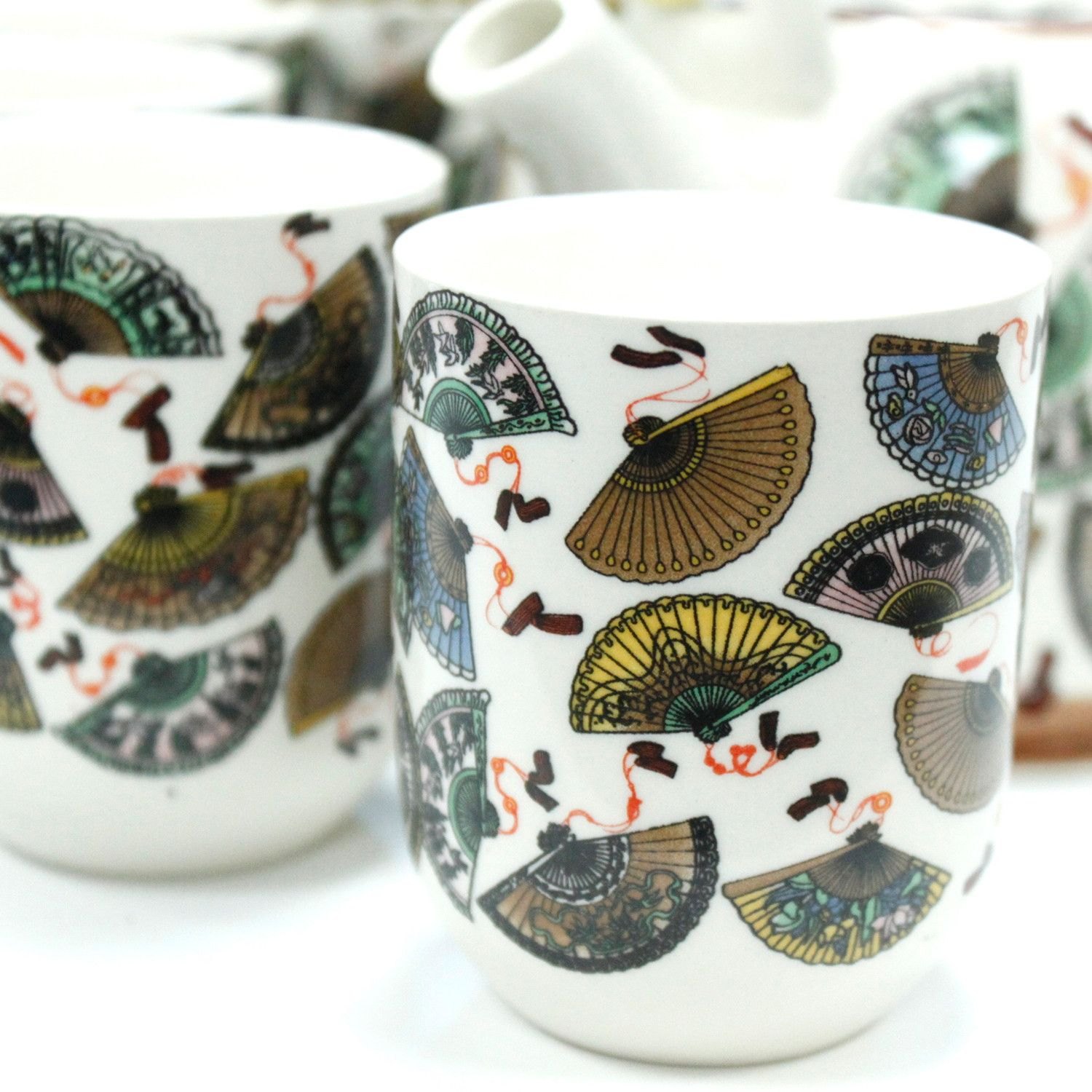 China Fans Ceramic Herbal Teapot Set with Infuser & 6 Cups5