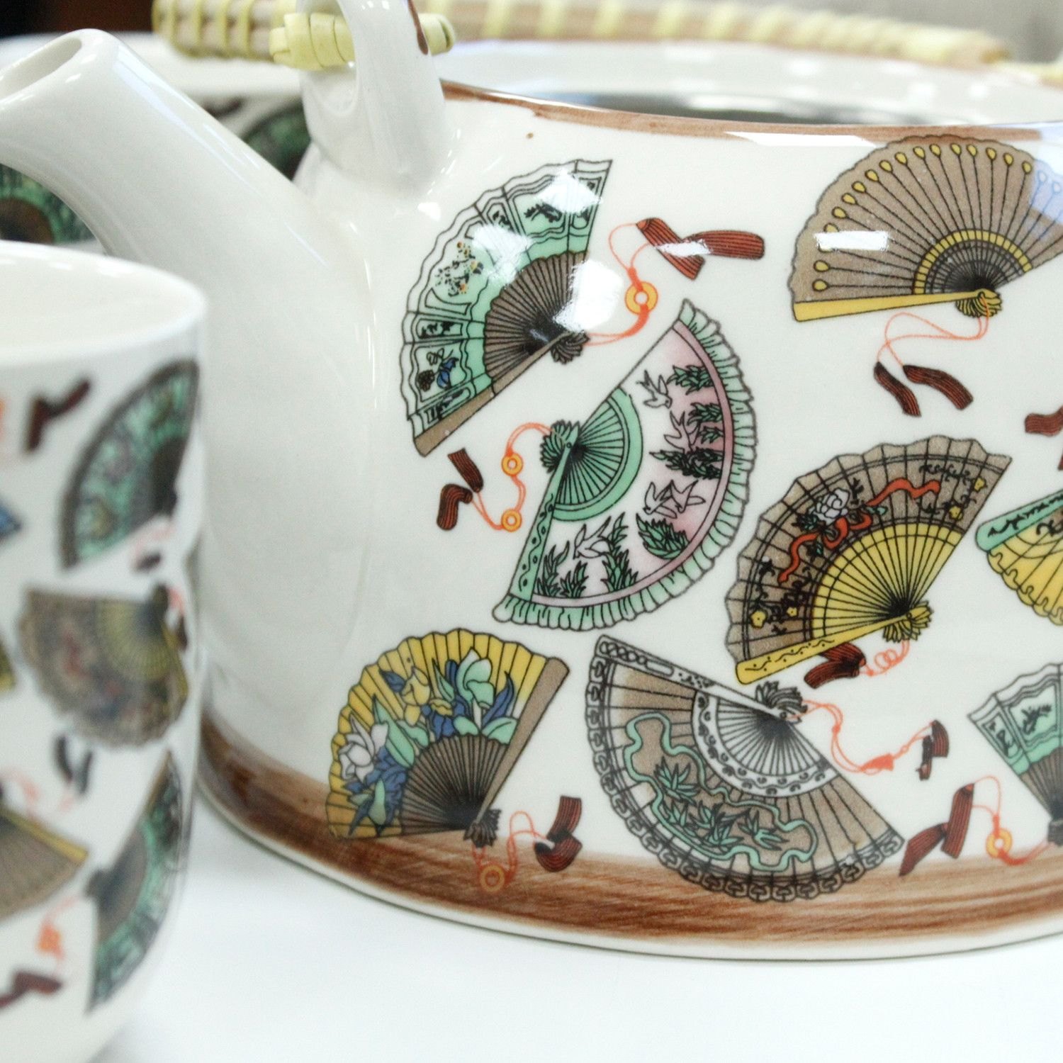 China Fans Ceramic Herbal Teapot Set with Infuser & 6 Cups6