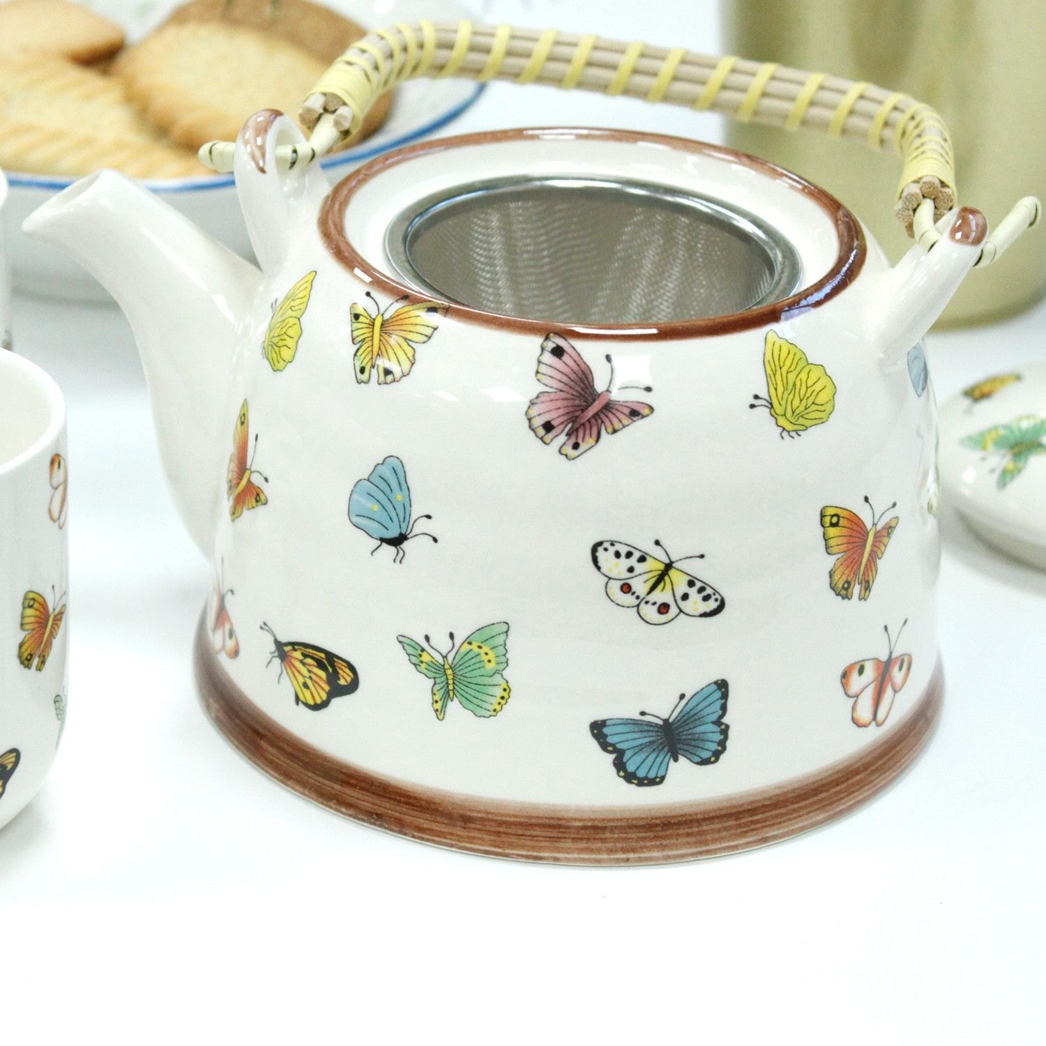Butterfly Ceramic Herbal Teapot Set with Infuser & 6 Cups4