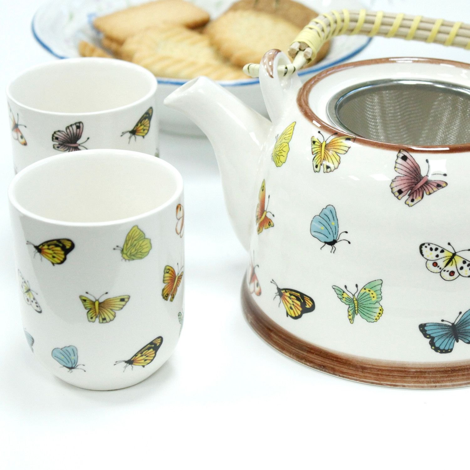 Butterfly Ceramic Herbal Teapot Set with Infuser & 6 Cups5
