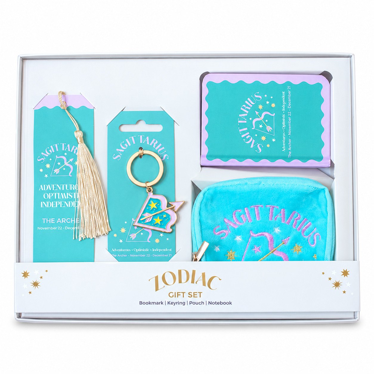 Zodiac Zest Sagittarius Gift Set – Bookmark, Keyring, Notebook & Pouch
