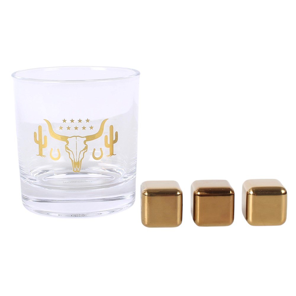 Western Bull Skull Whisky Glass & Cooling Stone Set – 320ml