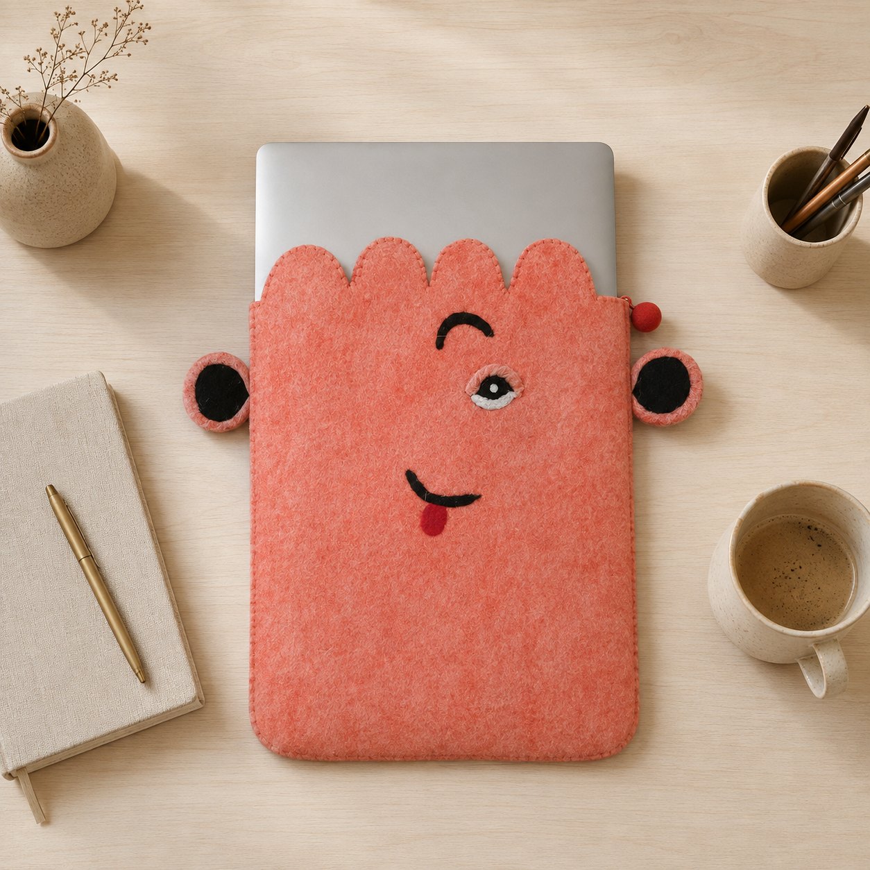 Pink Cute Face Felt Laptop Pouch – Up to 14