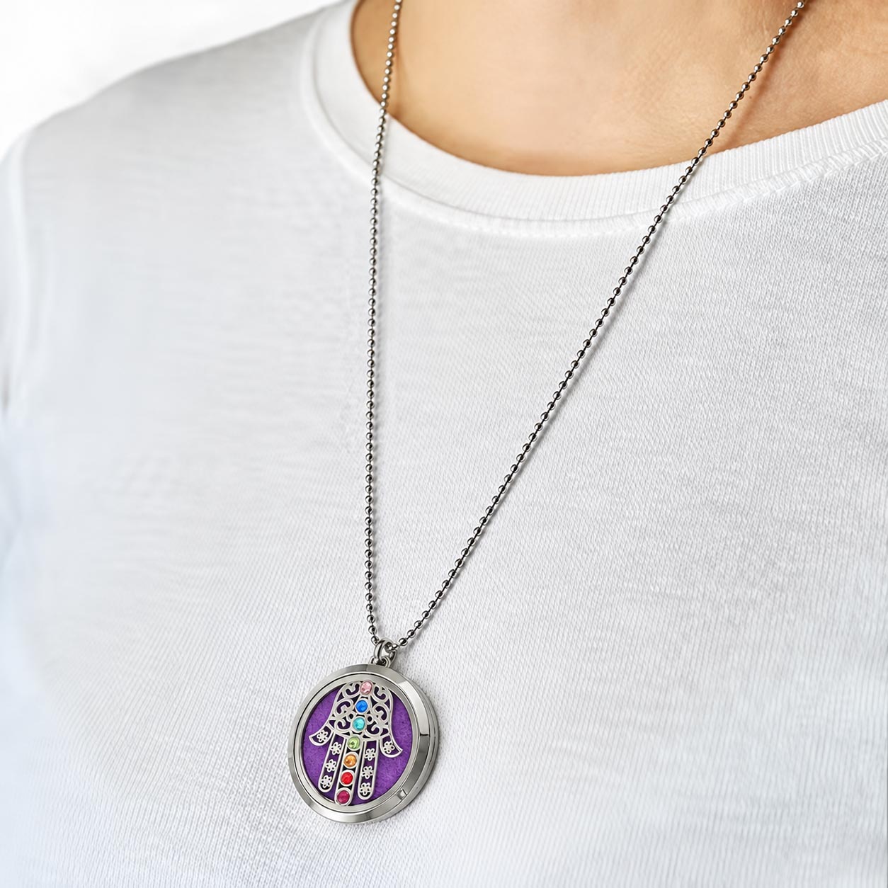 Aromatherapy Diffuser Necklace – Hamsa Chakra (30mm Stainless Steel)5