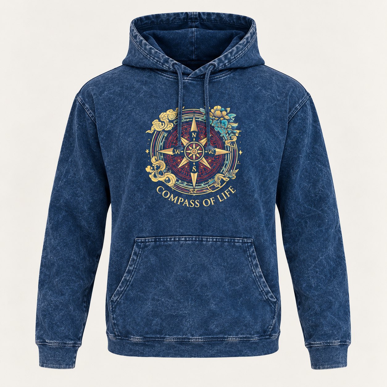 Nomad Sari Compass of Life Stonewashed Kangaroo Pocket Hoodie – Blue – Size S