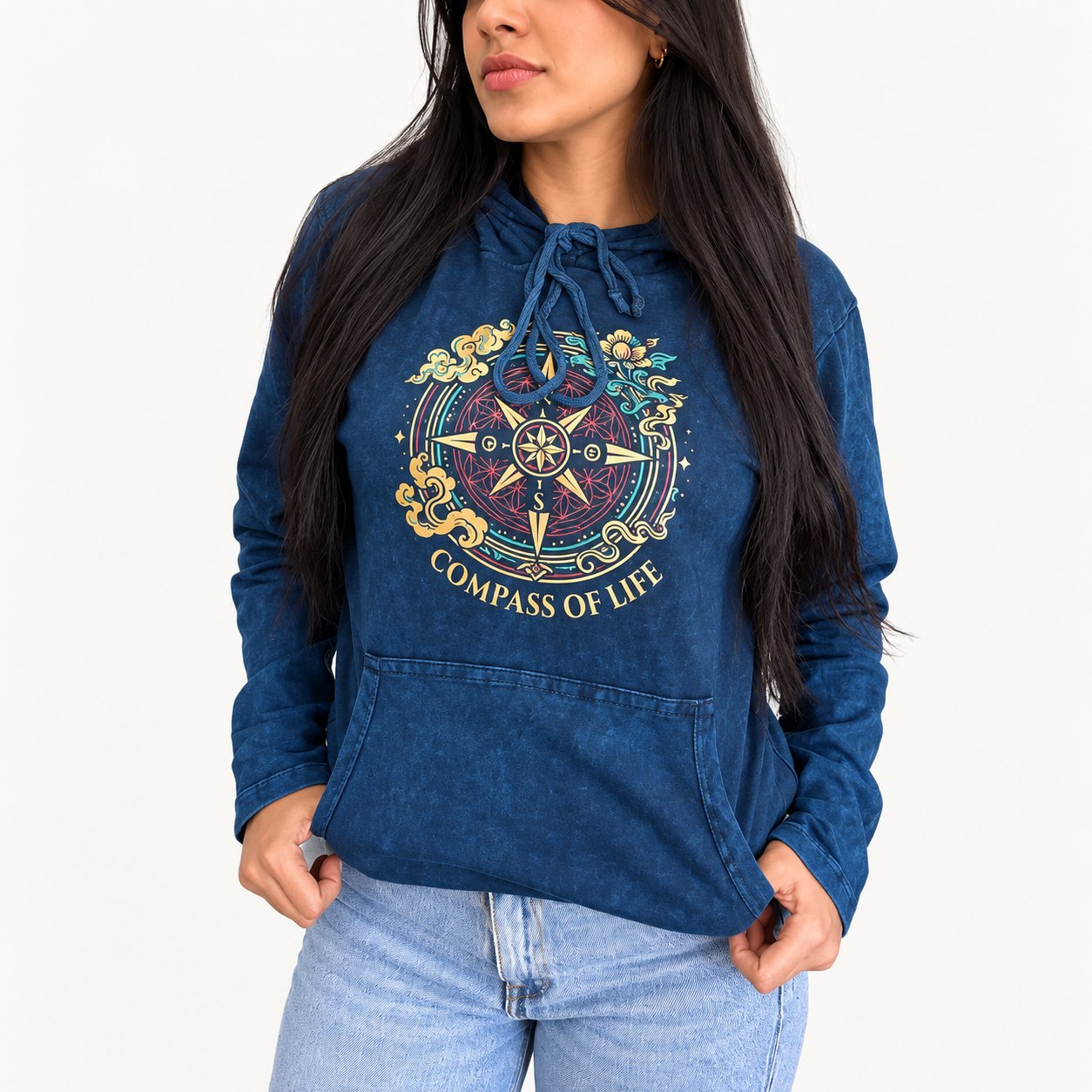 Nomad Sari Compass of Life Stonewashed Kangaroo Pocket Hoodie – Blue – Size S2