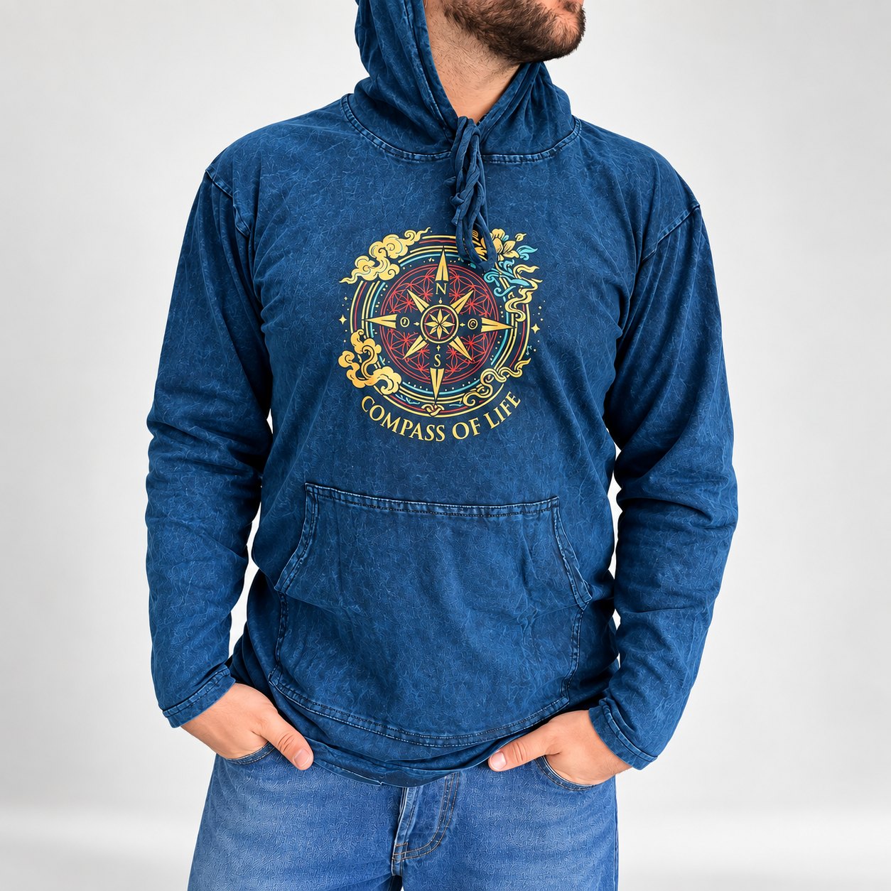 Nomad Sari Compass of Life Stonewashed Kangaroo Pocket Hoodie – Blue – Size L1