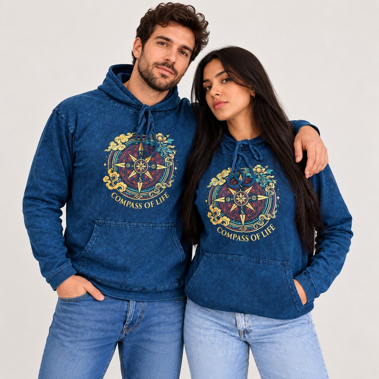 Nomad Sari Compass of Life Stonewashed Kangaroo Pocket Hoodie – Blue – Size XL5