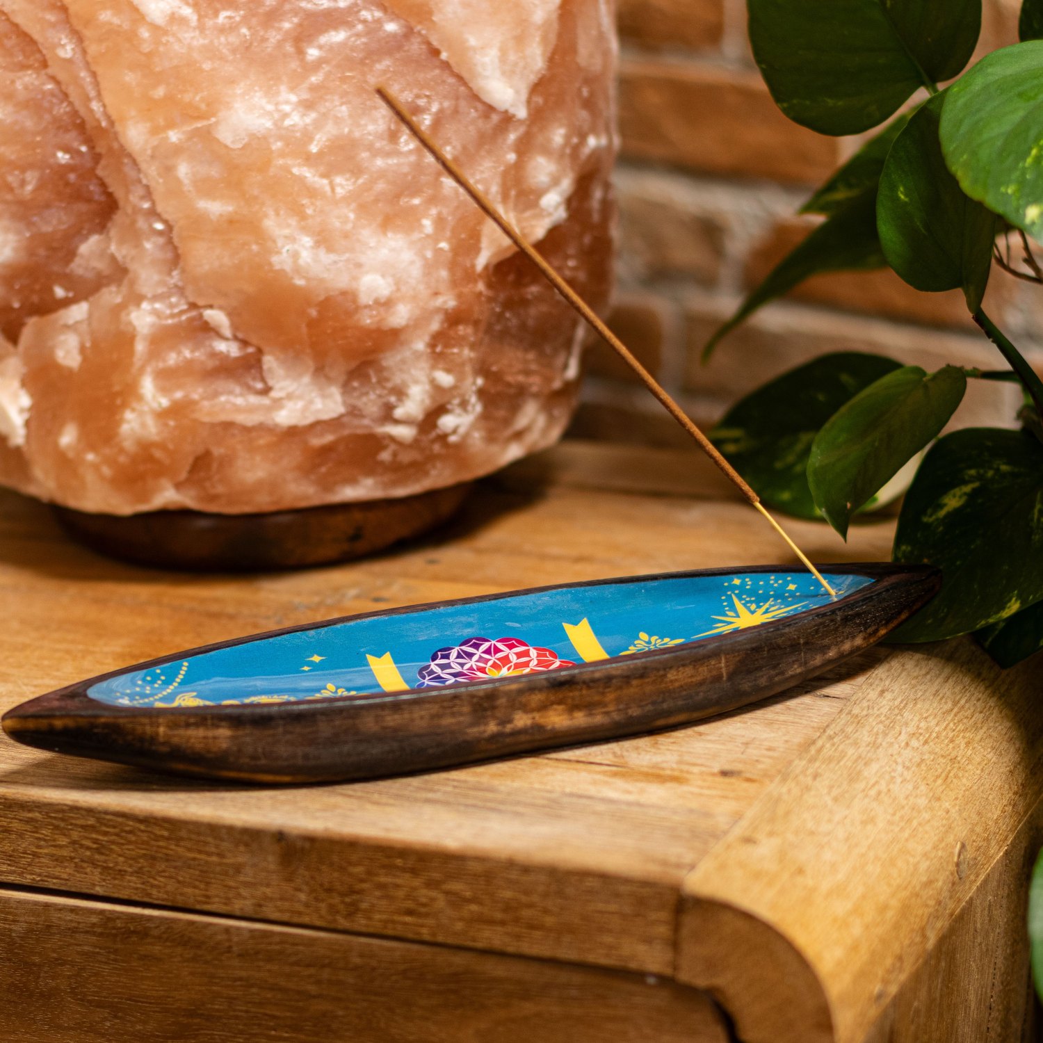 Mandala Mango Wood Enamel Incense Bowl5