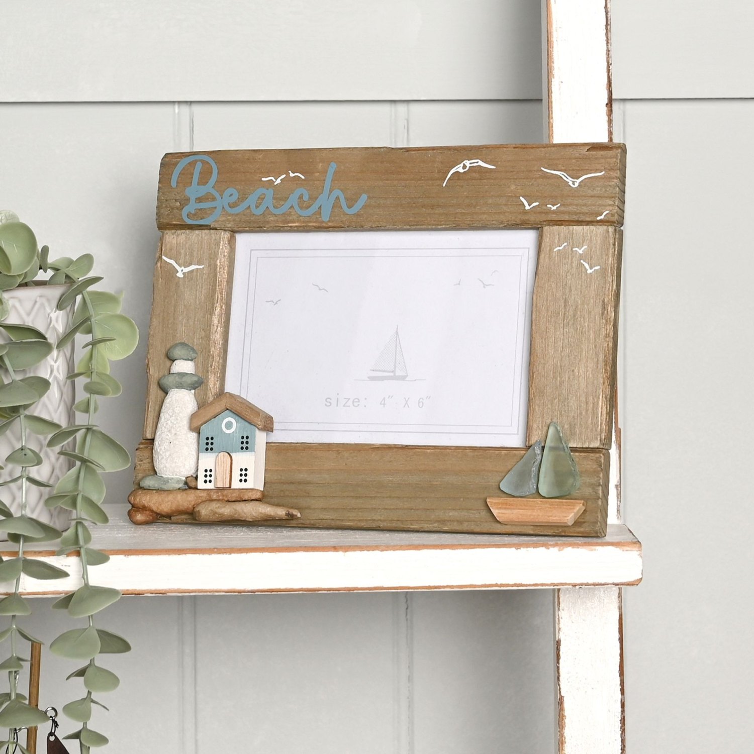 Love Life By The Sea Driftwood Photo Frame with Sea Glass4