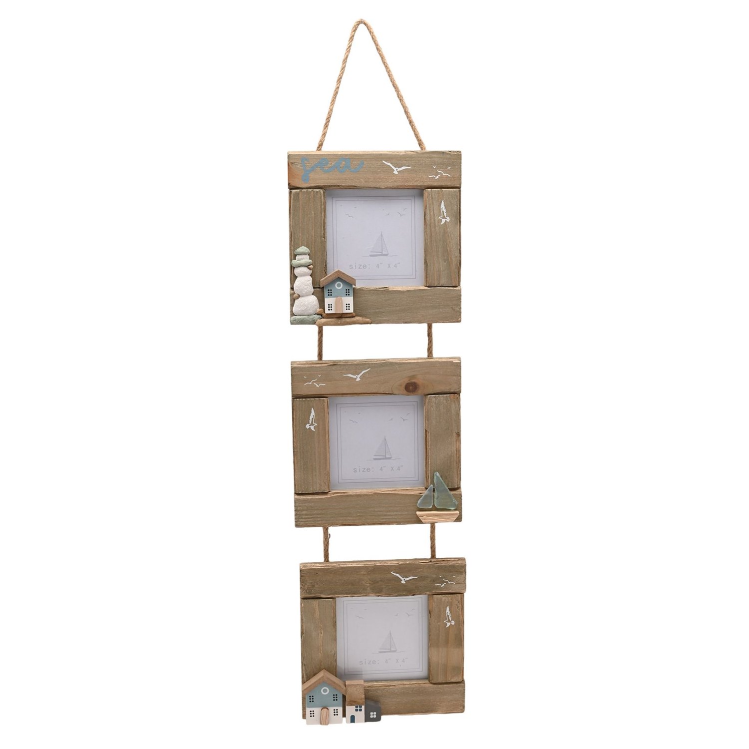 Love Life By The Sea Driftwood Triple Hanging Frame with Sea Glass