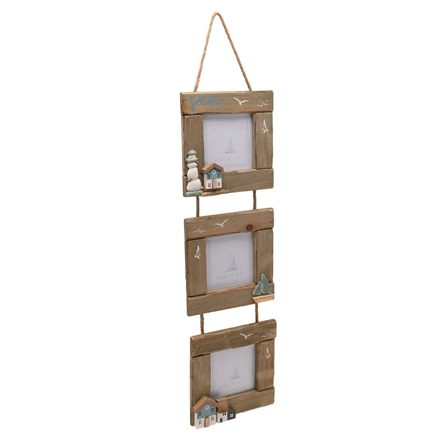Love Life By The Sea Driftwood Triple Hanging Frame with Sea Glass1