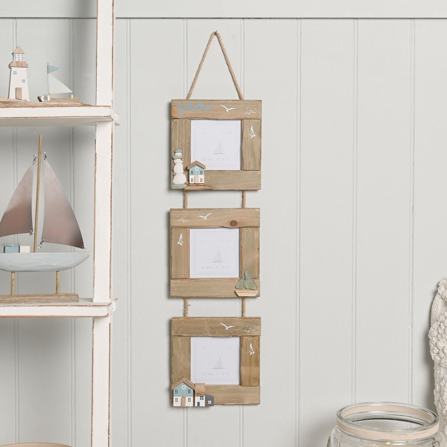 Love Life By The Sea Driftwood Triple Hanging Frame with Sea Glass3