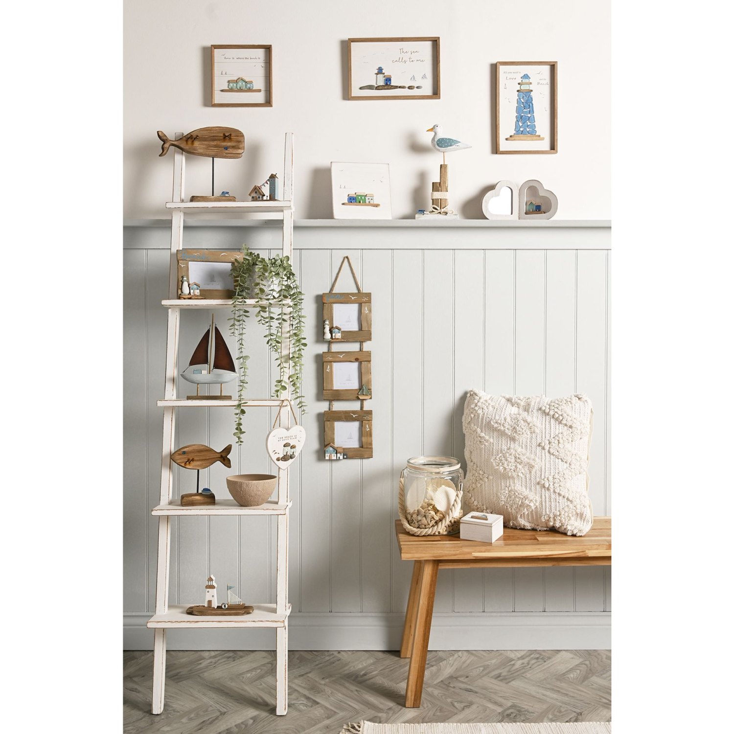 Love Life By The Sea Driftwood Triple Hanging Frame with Sea Glass5