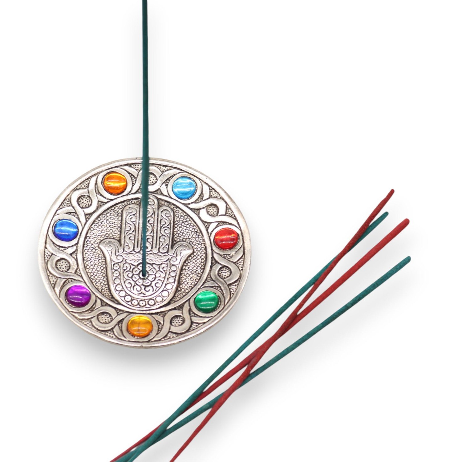 Seven Chakra Hamsa Aluminium Incense Holder1