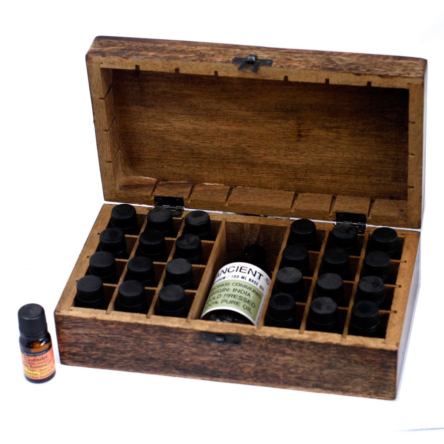 Floral Carved Mango Wood Aromatherapy Oil Storage Box – Holds 24+1 Bottles1