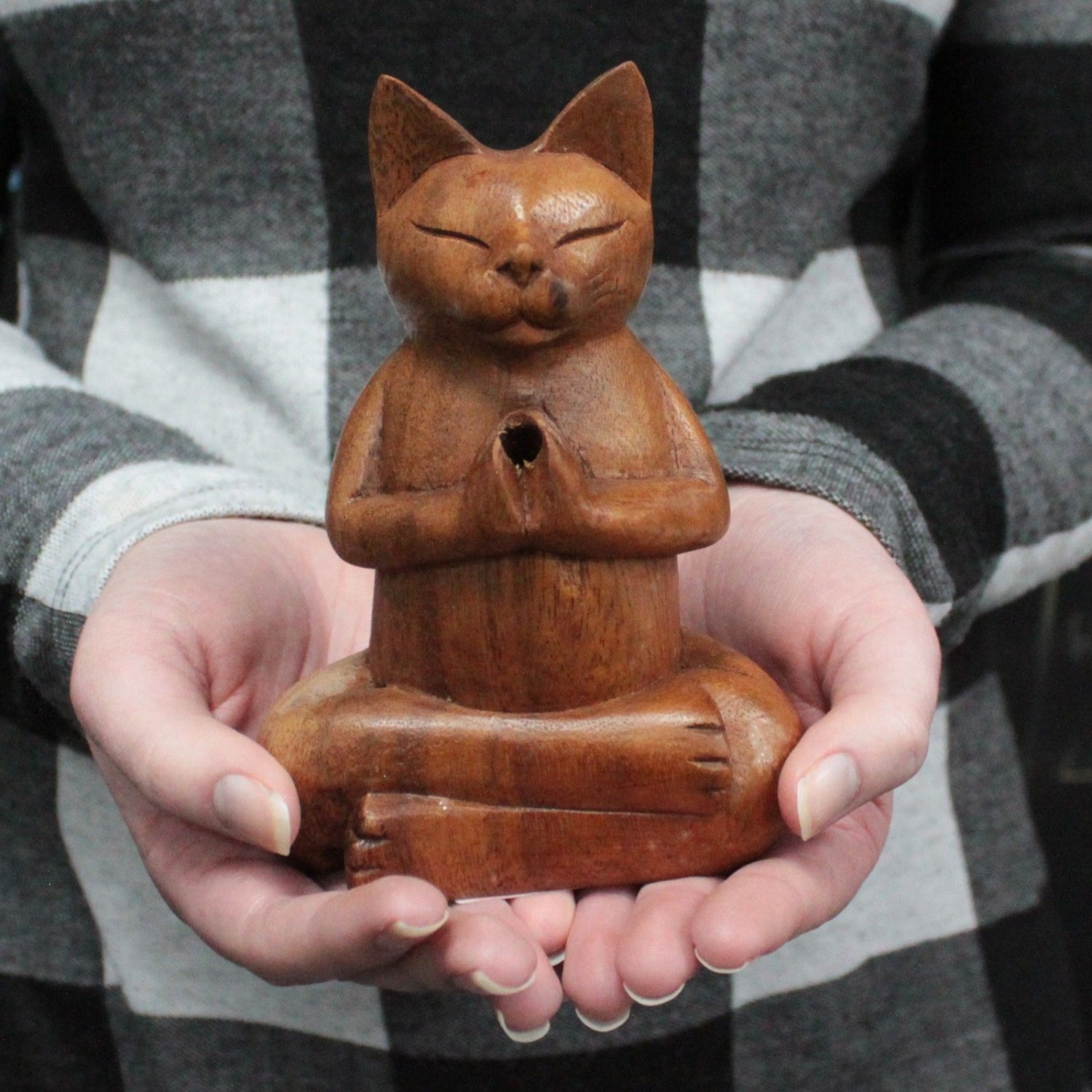 Meditating Yoga Cat Suar Wood Incense Burner - Medium1