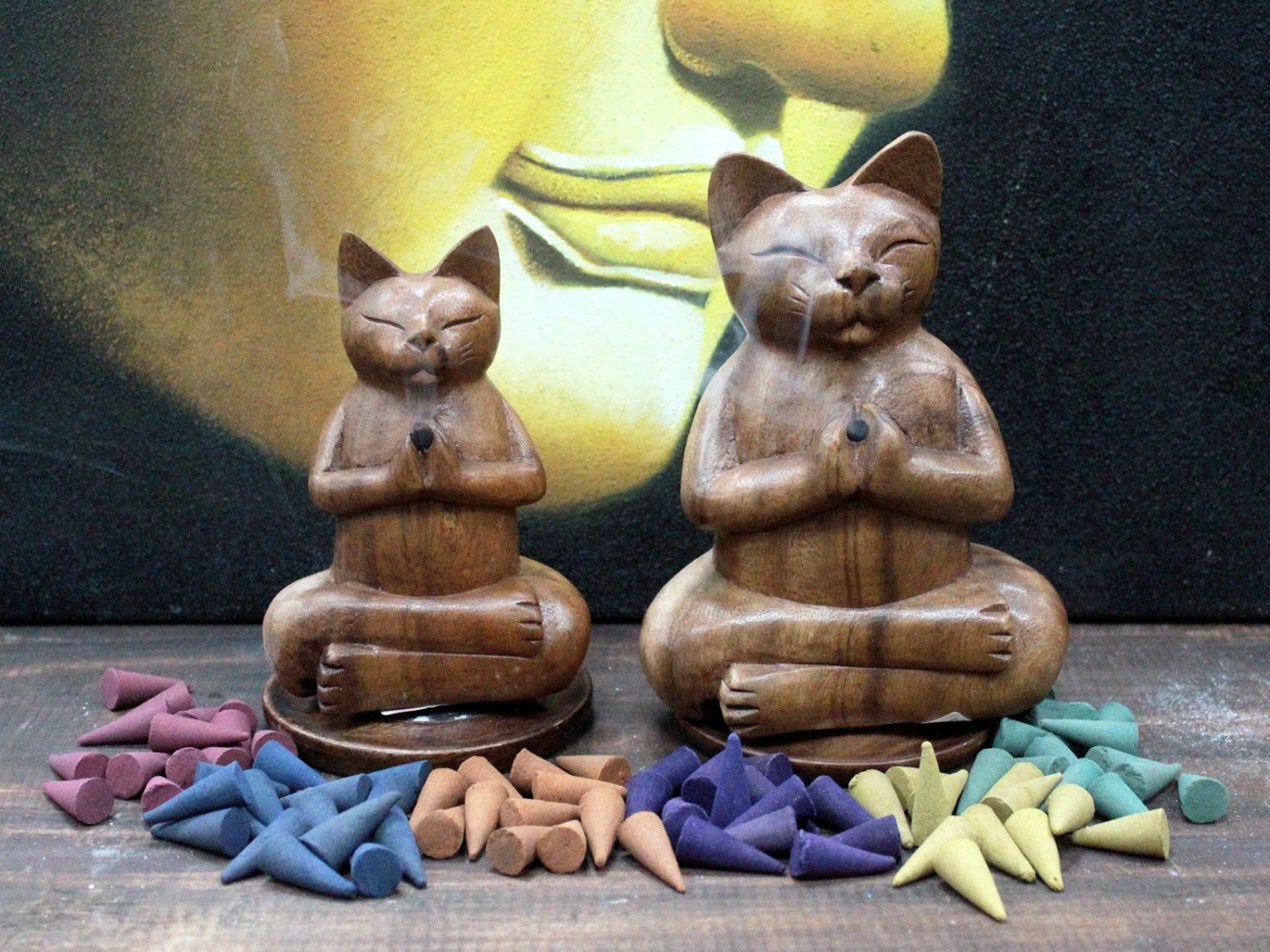 Meditating Yoga Cat Suar Wood Incense Burner - Medium3