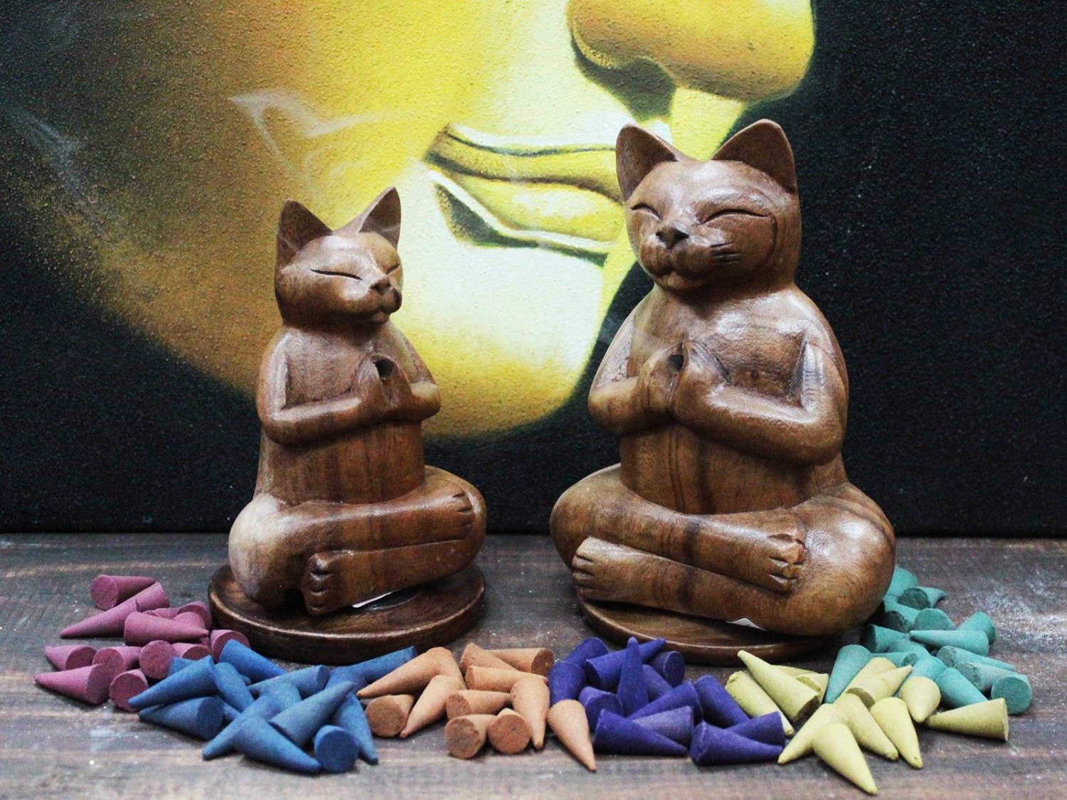Meditating Yoga Cat Suar Wood Incense Burner - Medium4