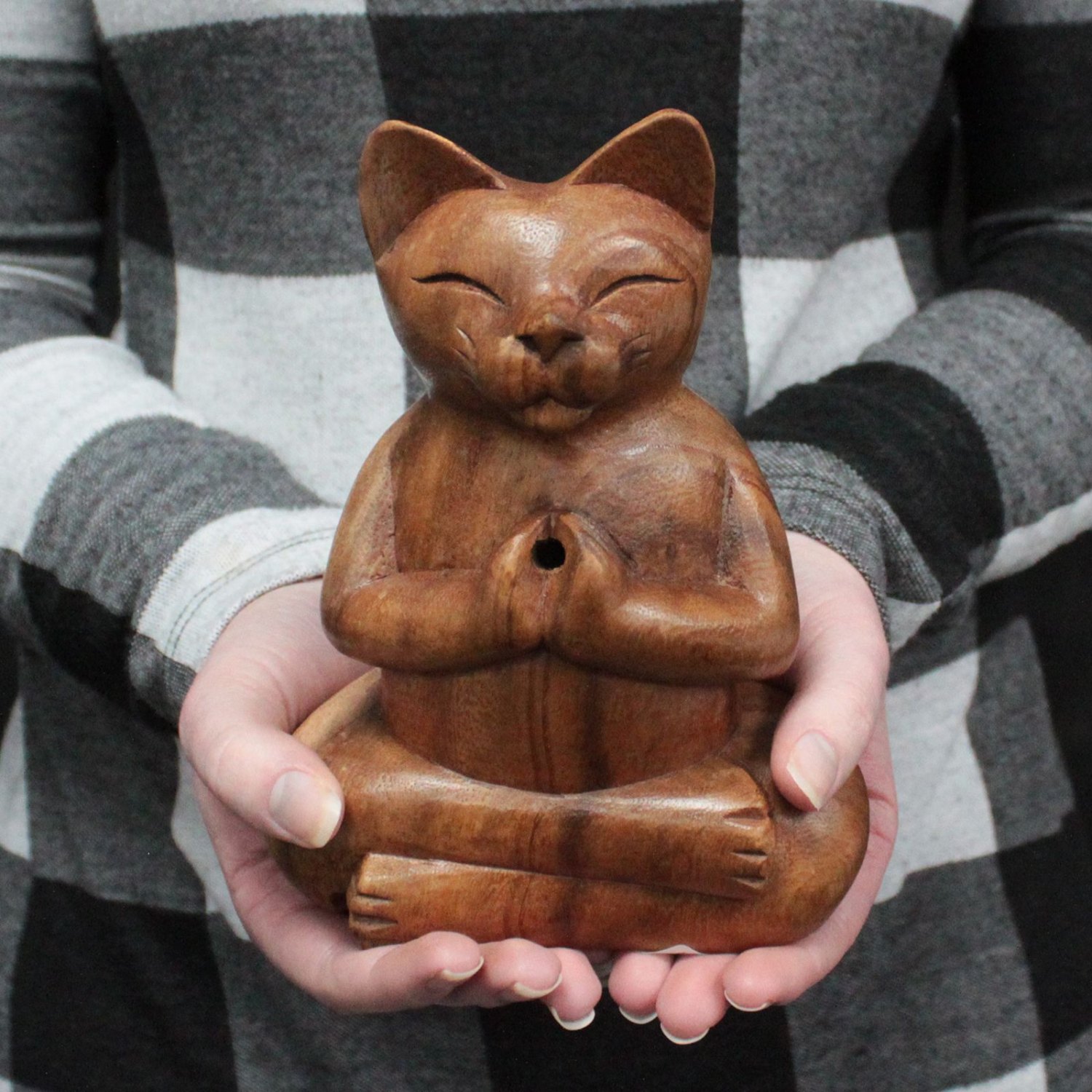 Meditating Yoga Cat Suar Wood Incense Burner – Large1