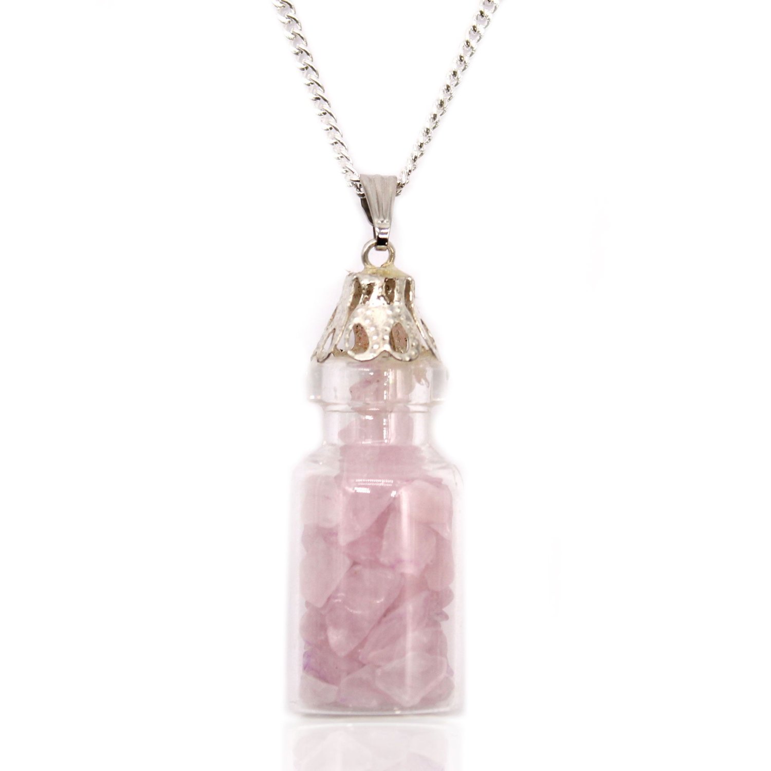 Rose Quartz Bottled Gemstone Necklace – Silver Plated