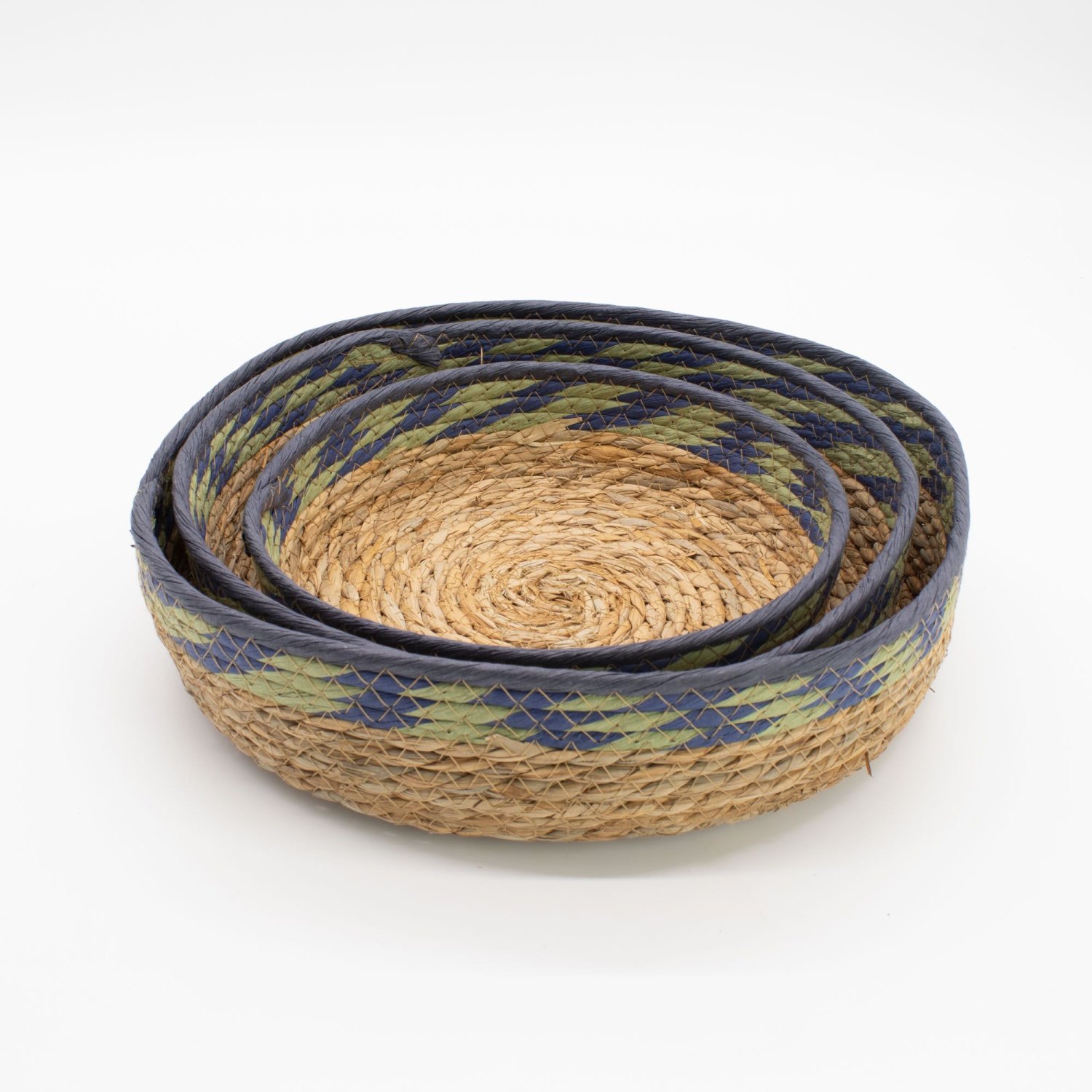 Natural Straw & Seagrass Tray Baskets – Green & Blue – Set of 31