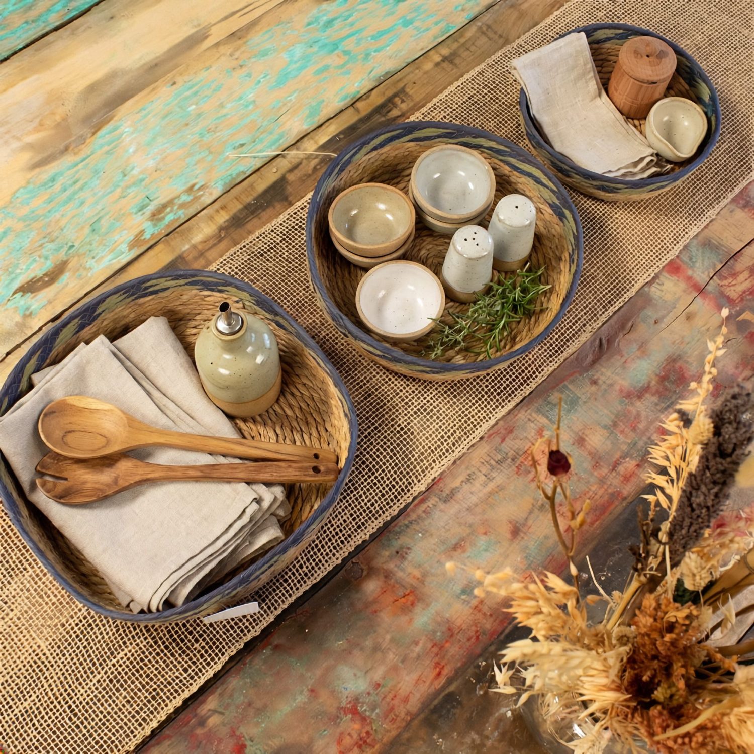 Natural Straw & Seagrass Tray Baskets – Green & Blue – Set of 37