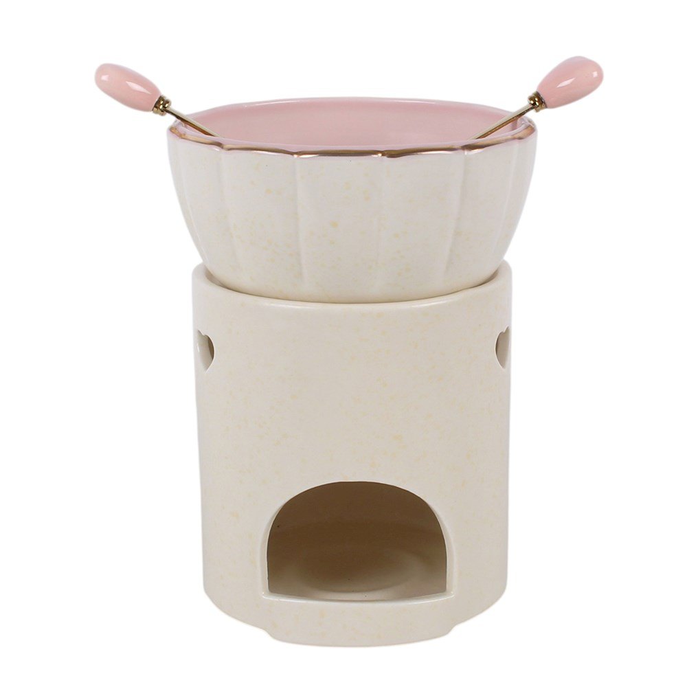 Pink Scalloped Ceramic Fondue Set for Two