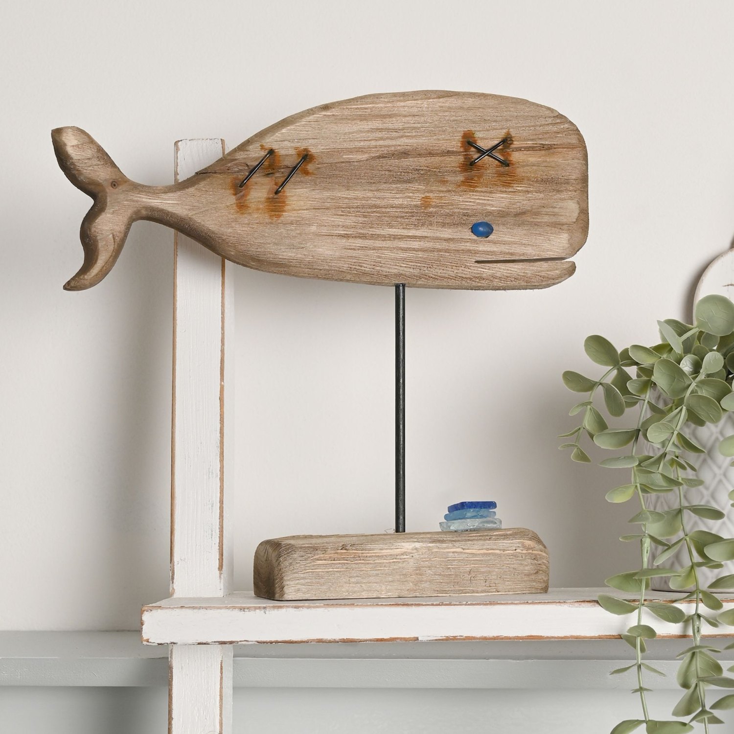 Love Life By The Sea Driftwood and Sea Glass Whale Sculpture